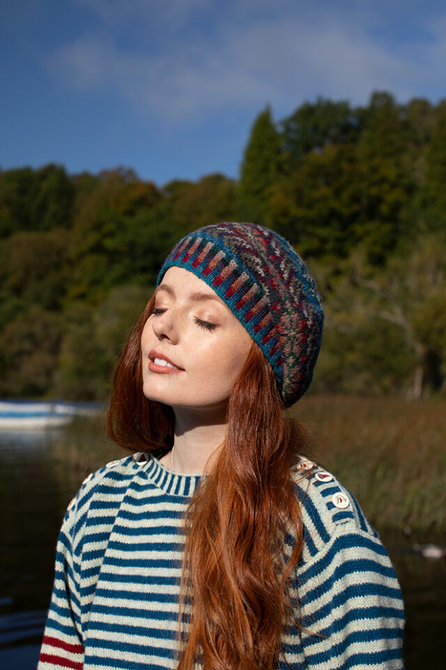 The Breton pullover and Marina Hat Set patterncard kit designs by Alice Starmore in Hebridean 2 Ply