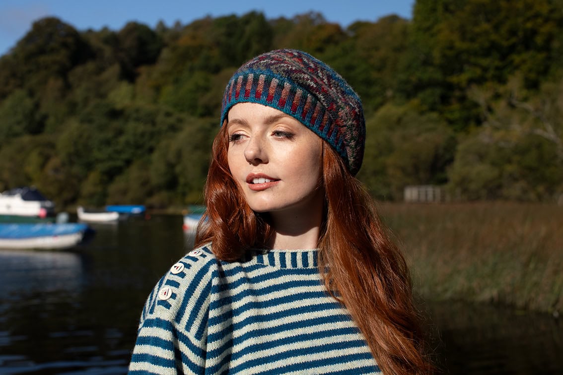 The Breton pullover and Marina Hat Set patterncard kit designs by Alice Starmore in Hebridean 2 Ply