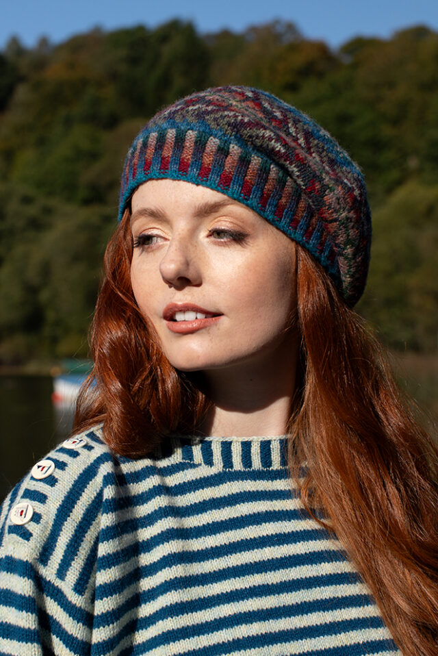 The Breton pullover and Marina Hat Set patterncard kit designs by Alice Starmore in Hebridean 2 Ply