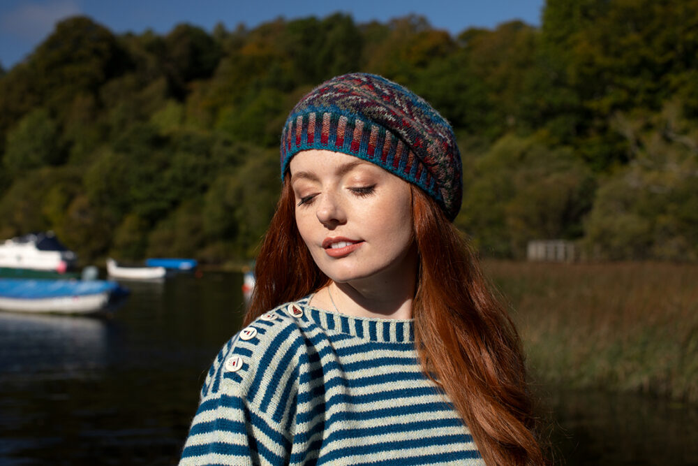 The Breton pullover and Marina Hat Set patterncard kit designs by Alice Starmore in Hebridean 2 Ply