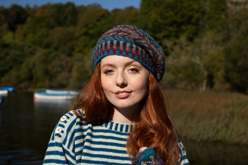 The Breton pullover and Marina Hat Set patterncard kit designs by Alice Starmore in Hebridean 2 Ply
