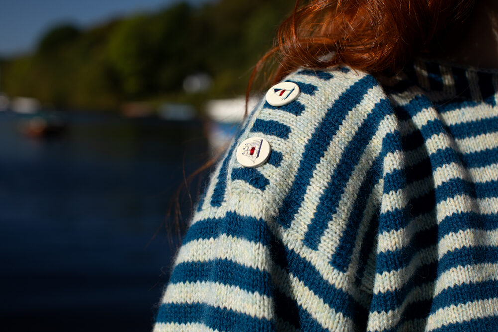 The Breton pullover and Marina Hat Set patterncard kit designs by Alice Starmore in Hebridean 2 Ply