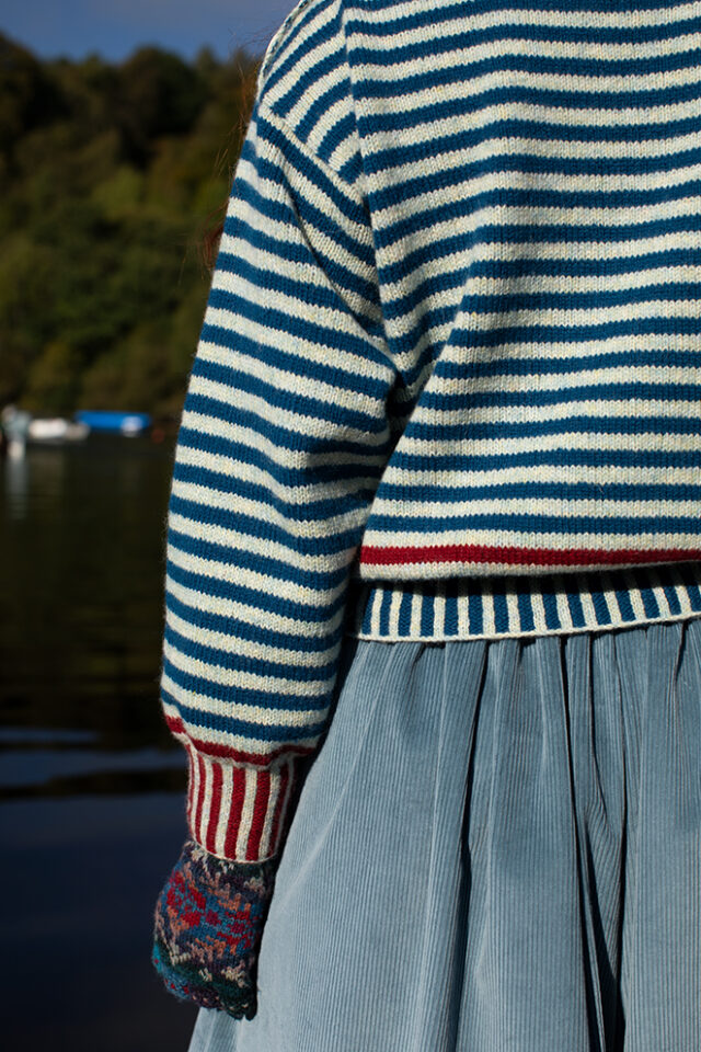 The Breton pullover and Marina Hat Set patterncard kit designs by Alice Starmore in Hebridean 2 Ply