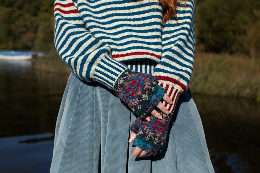 The Breton pullover and Marina Hat Set patterncard kit designs by Alice Starmore in Hebridean 2 Ply