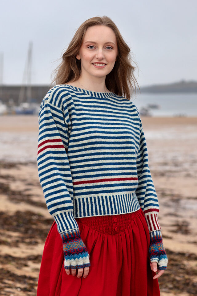 The Breton pullover and Wave Hat Set patterncard kit designs by Alice Starmore in Hebridean 2 Ply