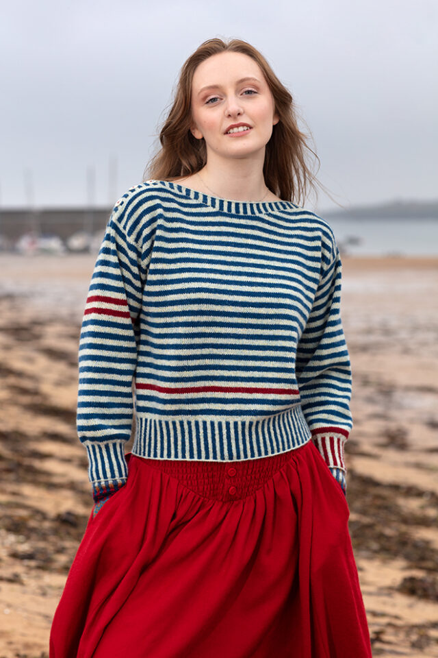 The Breton pullover and Wave Hat Set patterncard kit designs by Alice Starmore in Hebridean 2 Ply