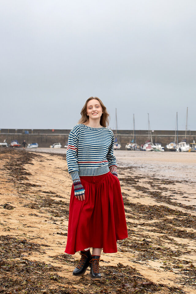 The Breton pullover and Wave Hat Set patterncard kit designs by Alice Starmore in Hebridean 2 Ply