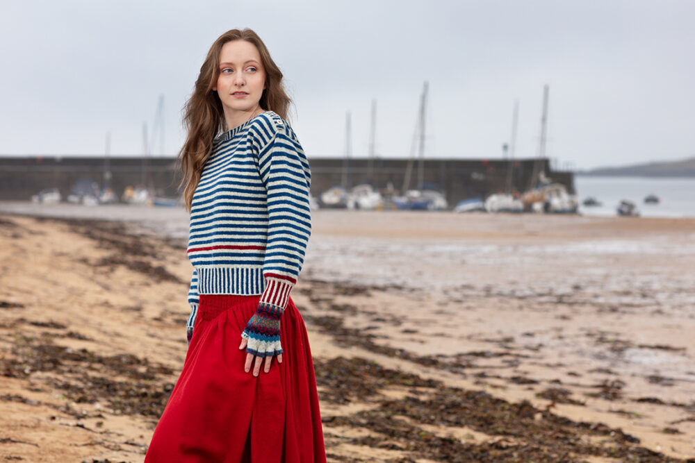The Breton pullover and Wave Hat Set patterncard kit designs by Alice Starmore in Hebridean 2 Ply