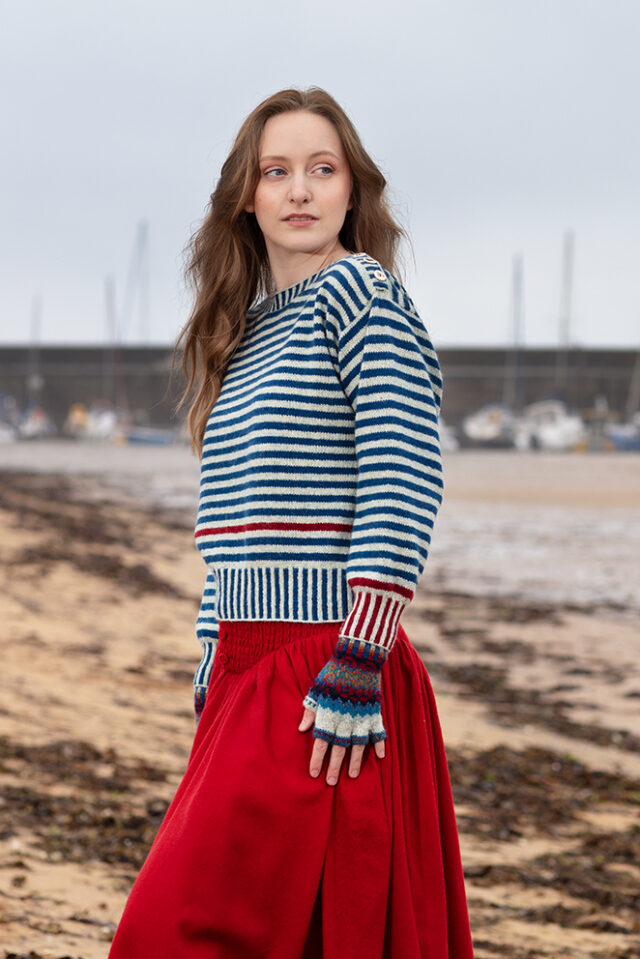 The Breton pullover and Wave Hat Set patterncard kit designs by Alice Starmore in Hebridean 2 Ply