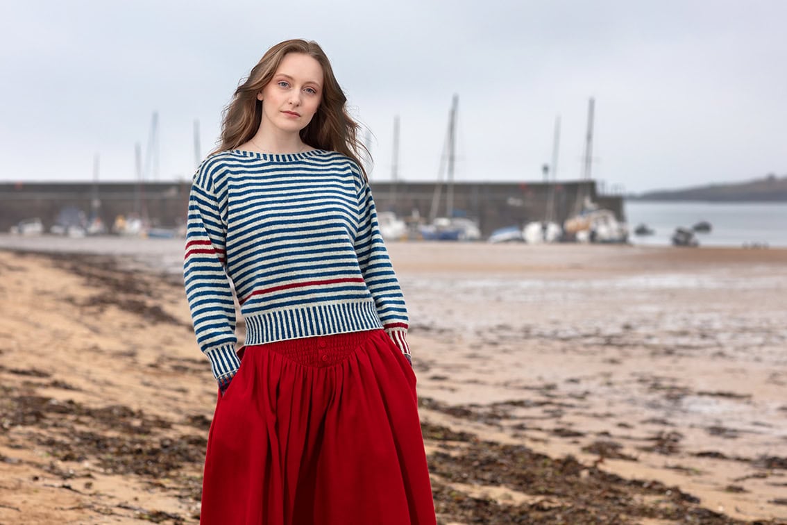 The Breton pullover and Wave Hat Set patterncard kit designs by Alice Starmore in Hebridean 2 Ply