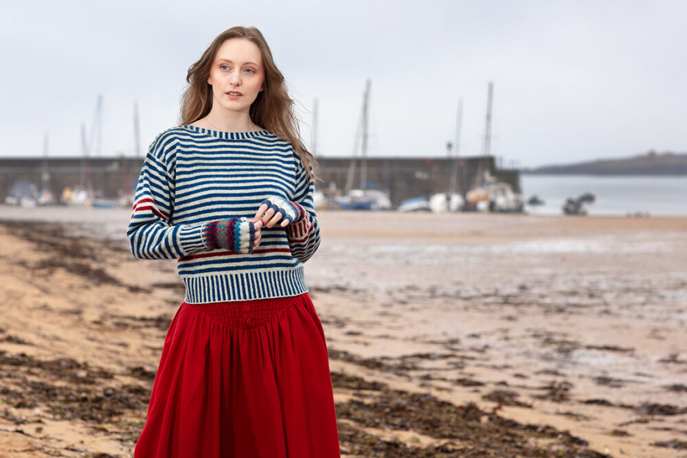 The Breton pullover and Wave Hat Set patterncard kit designs by Alice Starmore in Hebridean 2 Ply