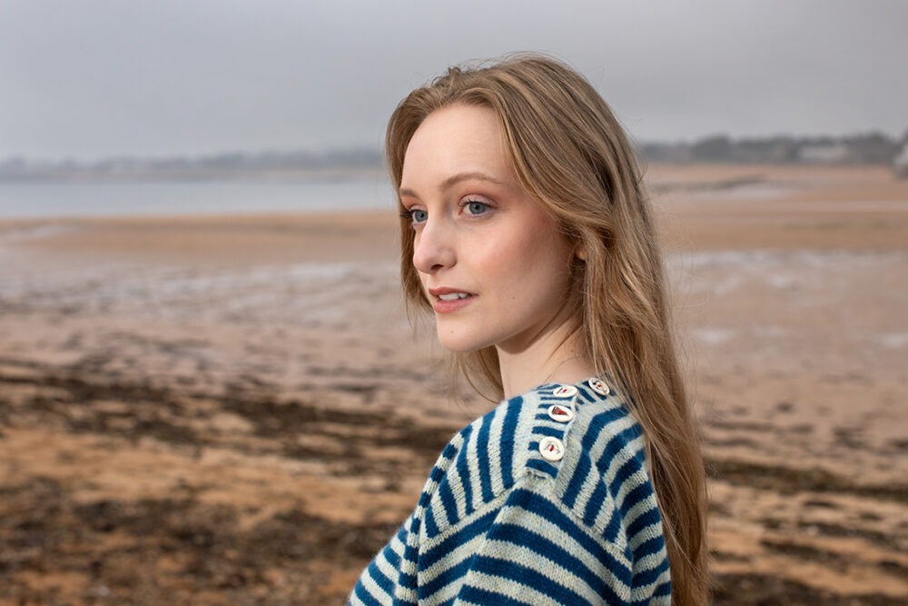 The Breton pullover and Wave Hat Set patterncard kit designs by Alice Starmore in Hebridean 2 Ply