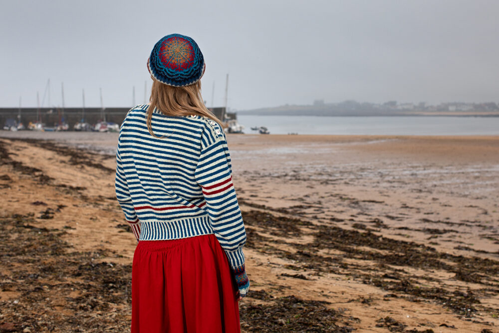 The Breton pullover and Wave Hat Set patterncard kit designs by Alice Starmore in Hebridean 2 Ply