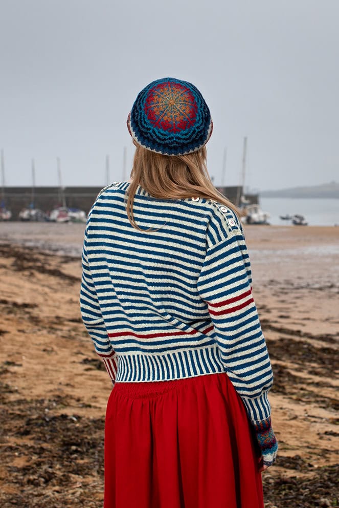 The Breton pullover and Wave Hat Set patterncard kit designs by Alice Starmore in Hebridean 2 Ply