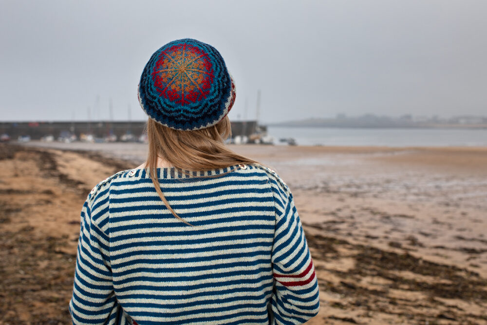 The Breton pullover and Wave Hat Set patterncard kit designs by Alice Starmore in Hebridean 2 Ply