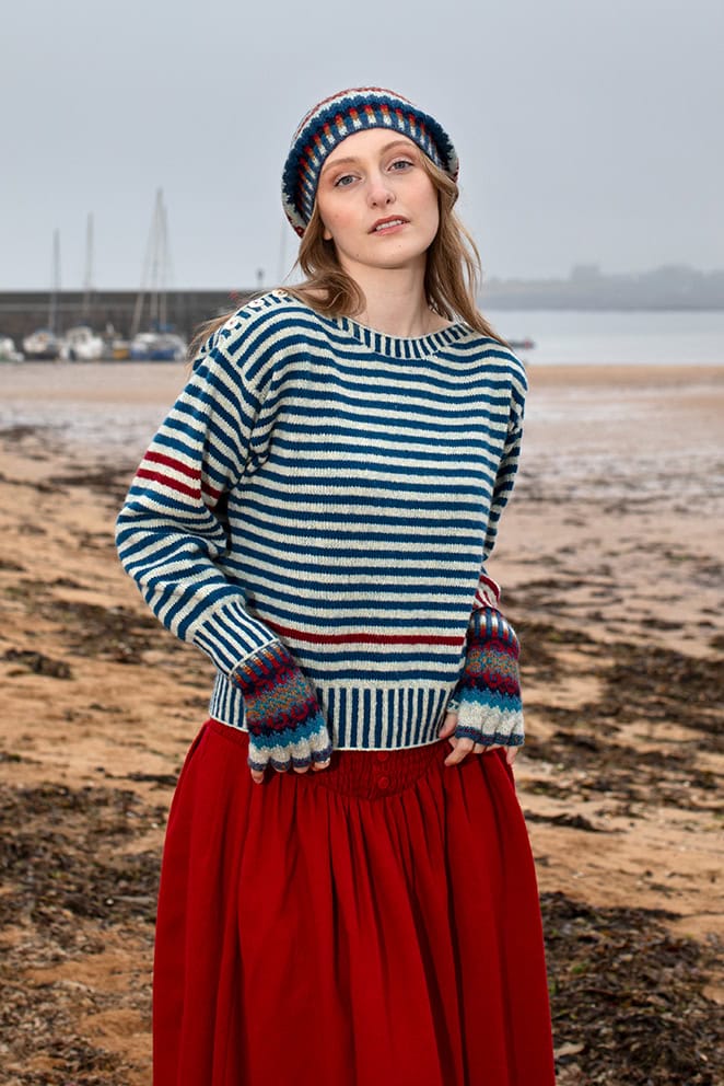 The Breton pullover and Wave Hat Set patterncard kit designs by Alice Starmore in Hebridean 2 Ply