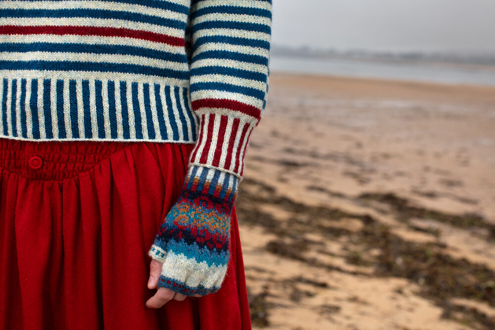 The Breton pullover and Wave Hat Set patterncard kit designs by Alice Starmore in Hebridean 2 Ply