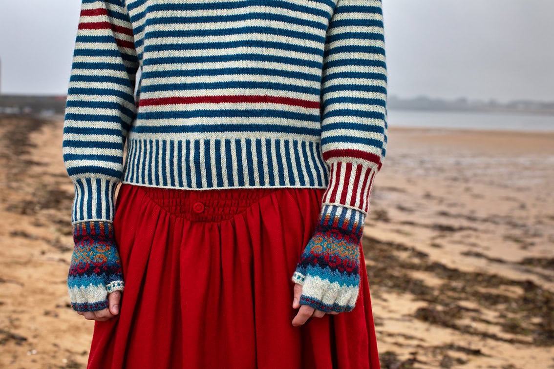 The Breton pullover and Wave Hat Set patterncard kit designs by Alice Starmore in Hebridean 2 Ply