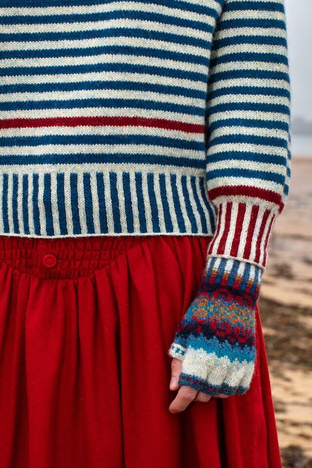 The Breton pullover and Wave Hat Set patterncard kit designs by Alice Starmore in Hebridean 2 Ply