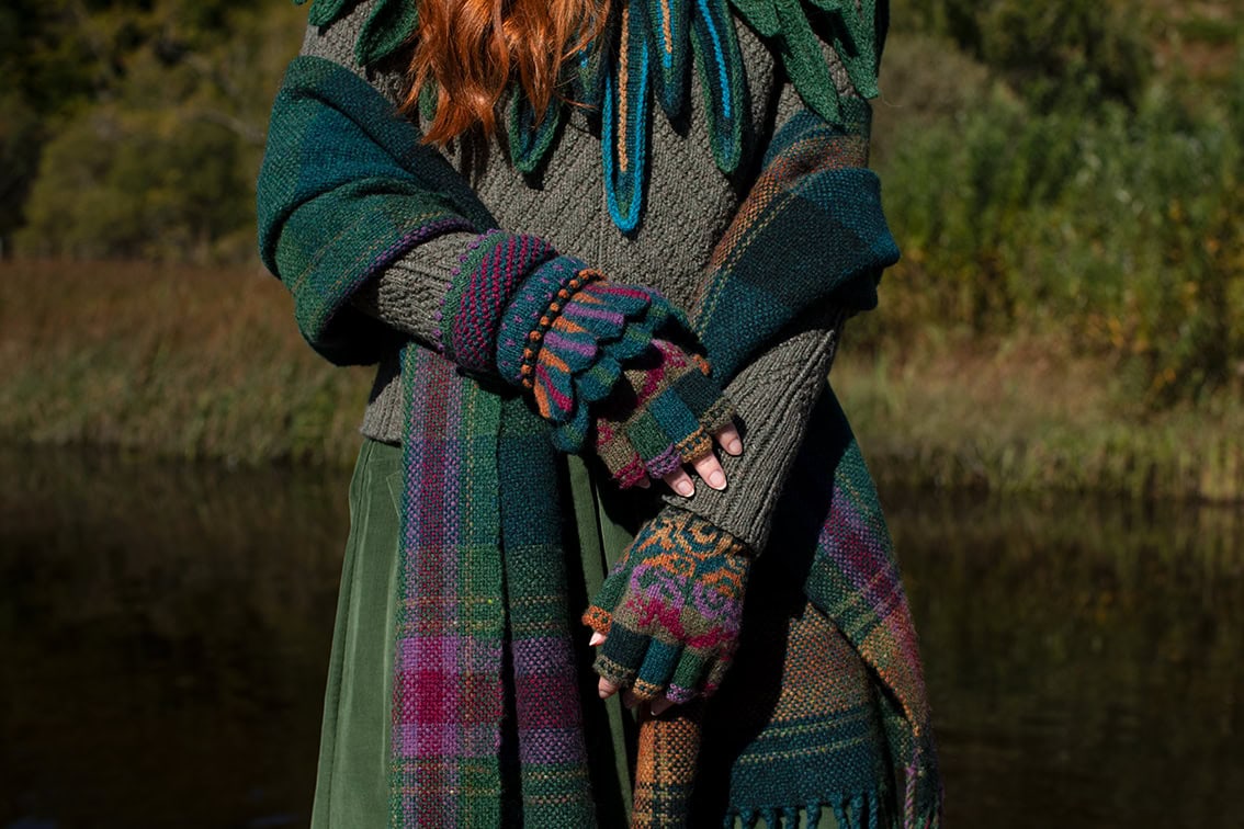 The Firebirds Hat Set, Lapwing Collar and Staran Pullover by Alice Starmore, hand knitwear design patterncard kits in Hebridean 2 & 3 Ply and the Firebirds woven wrap from Weaving Design Plans