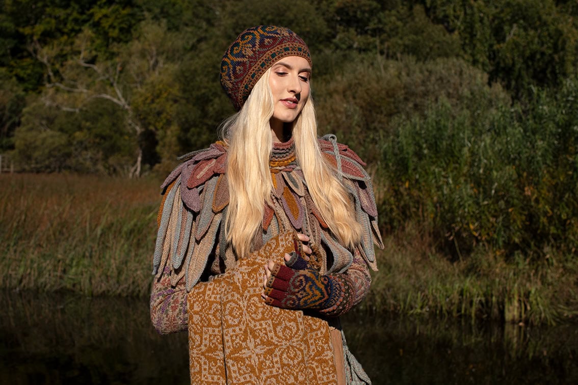 The Henry VIII Hat Set, Raven Capelet and Meadowsweet Cardigan by Alice Starmore, hand knitwear design patterncard kits in Hebridean 2 Ply and the Persian Tiles wrap by Jade Starmore