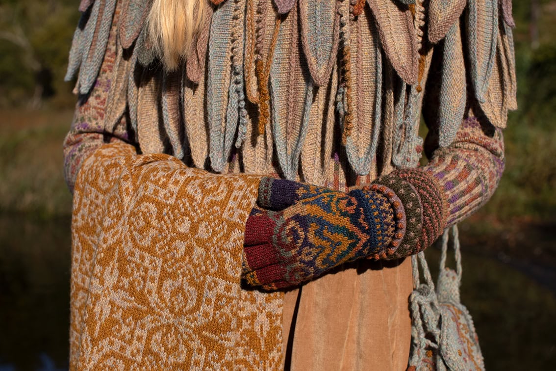 The Henry VIII Hat Set, Raven Capelet and Meadowsweet Cardigan by Alice Starmore, hand knitwear design patterncard kits in Hebridean 2 Ply and the Persian Tiles wrap by Jade Starmore