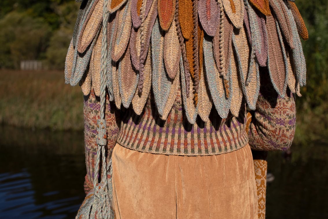 The Henry VIII Hat Set, Raven Capelet and Meadowsweet Cardigan by Alice Starmore, hand knitwear design patterncard kits in Hebridean 2 Ply and the Persian Tiles wrap by Jade Starmore