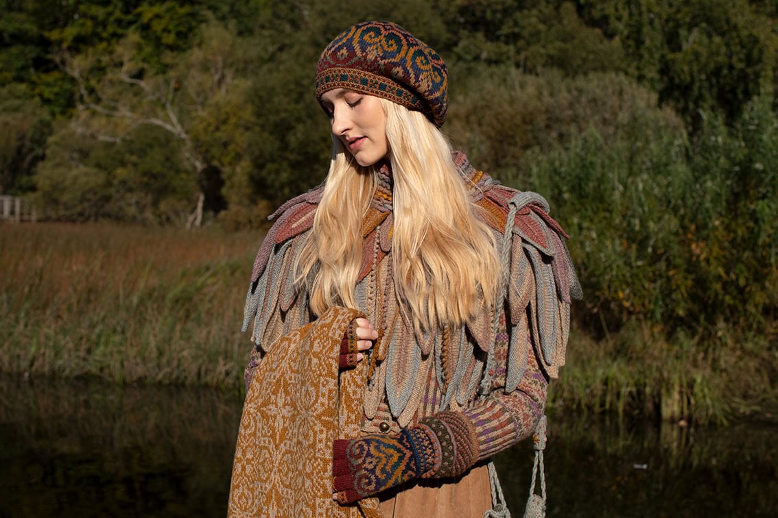 The Henry VIII Hat Set, Raven Capelet and Meadowsweet Cardigan by Alice Starmore, hand knitwear design patterncard kits in Hebridean 2 Ply and the Persian Tiles wrap by Jade Starmore