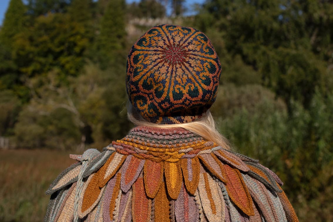 The Henry VIII Hat Set, Raven Capelet and Meadowsweet Cardigan by Alice Starmore, hand knitwear design patterncard kits in Hebridean 2 Ply and the Persian Tiles wrap by Jade Starmore