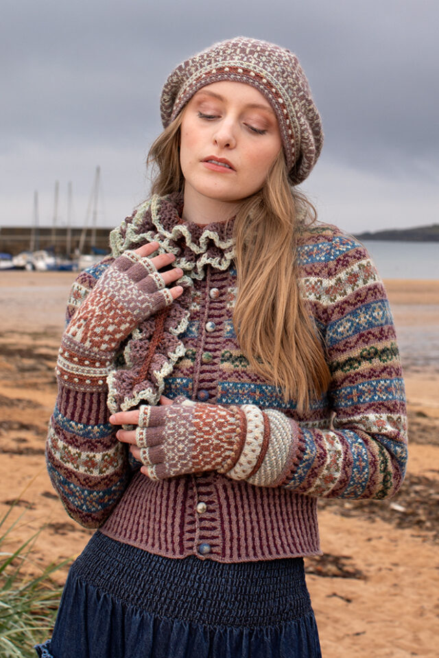 Peigi Cardigan and Briodag Hat Set by Alice Starmore in Hebridean 2 Ply yarn