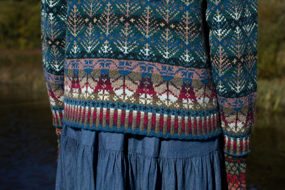 The Oregon Spring Cardigan and Red Jacobite Rose patterncard kit designs by Alice Starmore in Hebridean 2 Ply