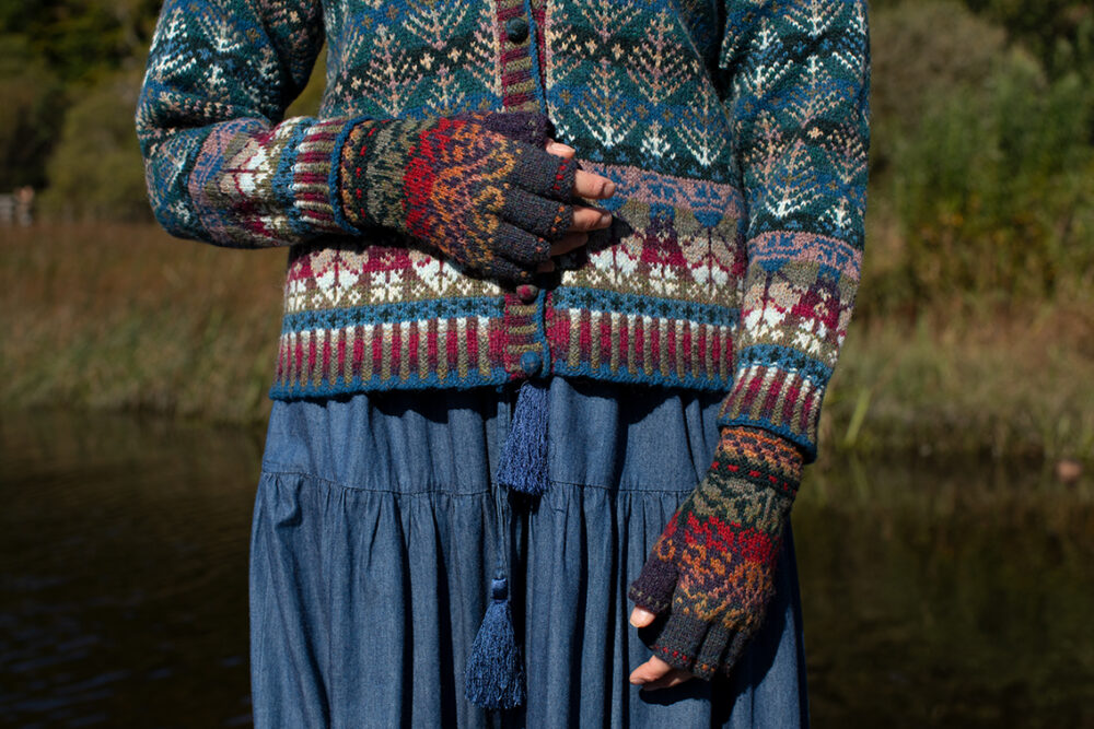 The Oregon Spring Cardigan and Red Jacobite Rose patterncard kit designs by Alice Starmore in Hebridean 2 Ply