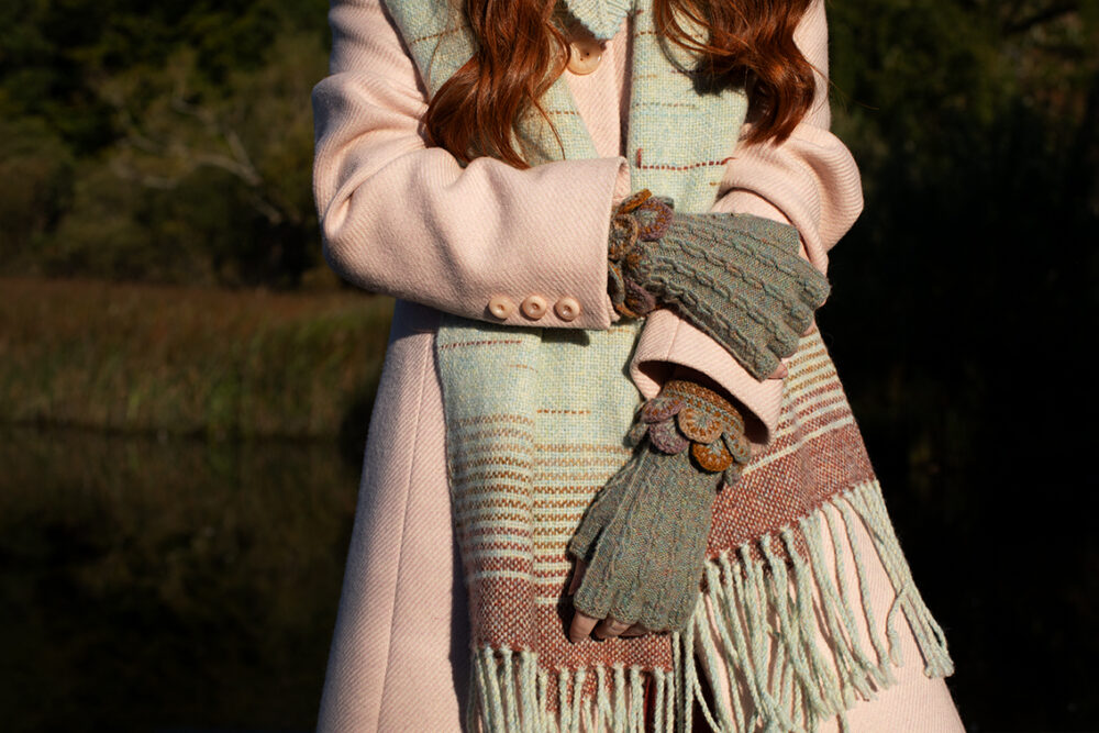 The Ruabhal Hat Set, Eagle Collar and Woven Wrap hand knitwear and weaving designs by Alice Starmore in Hebridean 2 Ply