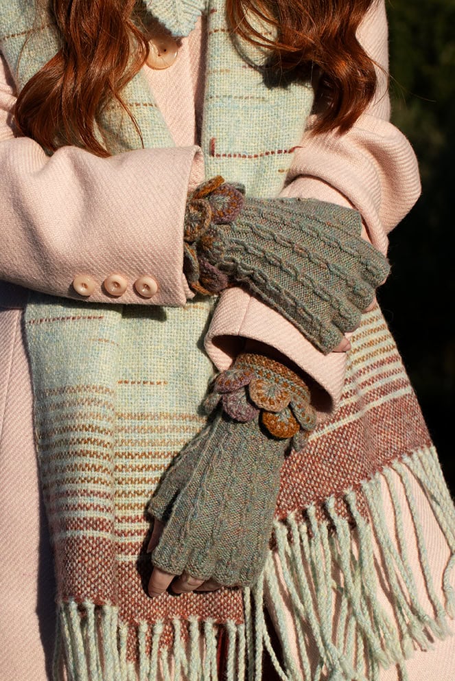 The Ruabhal Hat Set, Eagle Collar and Woven Wrap hand knitwear and weaving designs by Alice Starmore in Hebridean 2 Ply