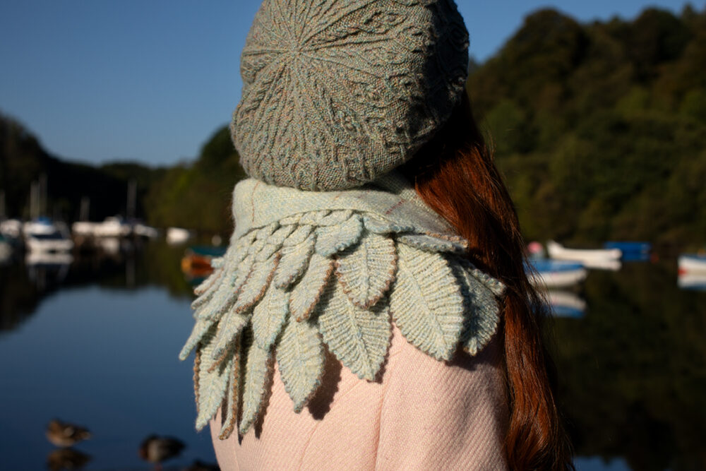 The Ruabhal Hat Set, Eagle Collar and Woven Wrap hand knitwear and weaving designs by Alice Starmore in Hebridean 2 Ply
