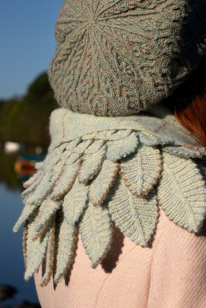 The Ruabhal Hat Set, Eagle Collar and Woven Wrap hand knitwear and weaving designs by Alice Starmore in Hebridean 2 Ply