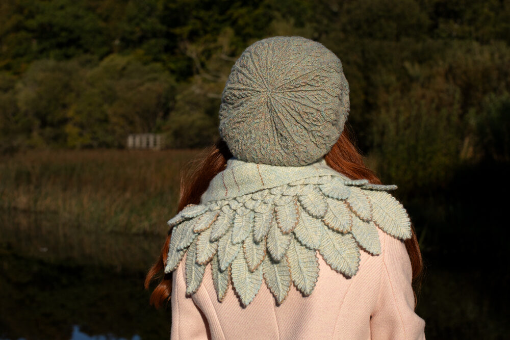 The Ruabhal Hat Set, Eagle Collar and Woven Wrap hand knitwear and weaving designs by Alice Starmore in Hebridean 2 Ply