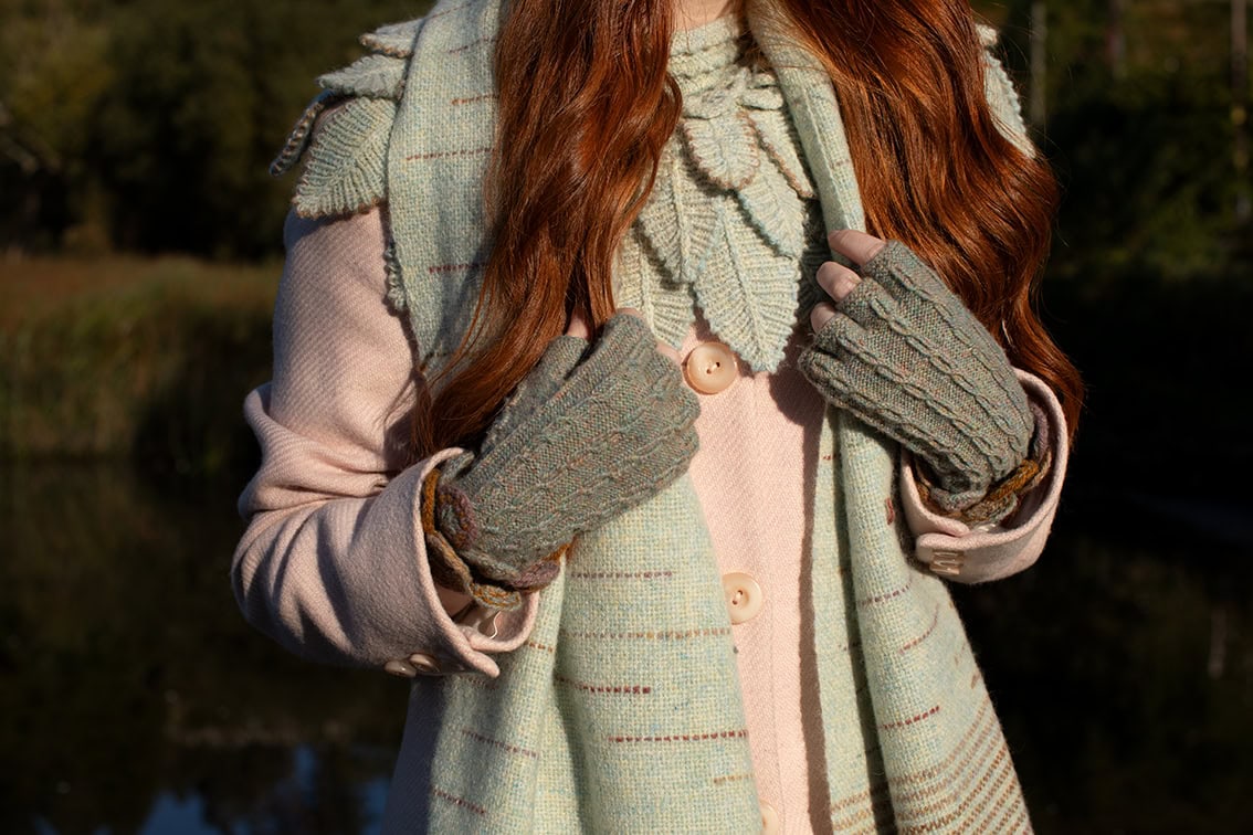 The Ruabhal Hat Set, Eagle Collar and Woven Wrap hand knitwear and weaving designs by Alice Starmore in Hebridean 2 Ply