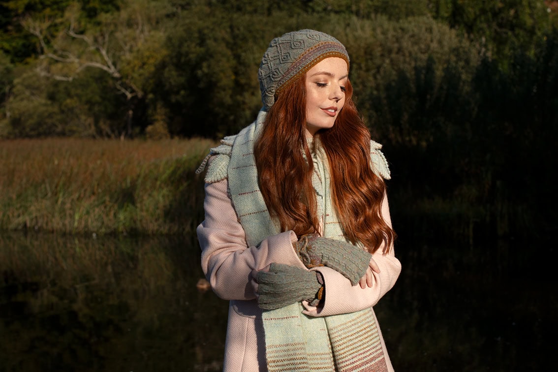 The Ruabhal Hat Set, Eagle Collar and Woven Wrap hand knitwear and weaving designs by Alice Starmore in Hebridean 2 Ply