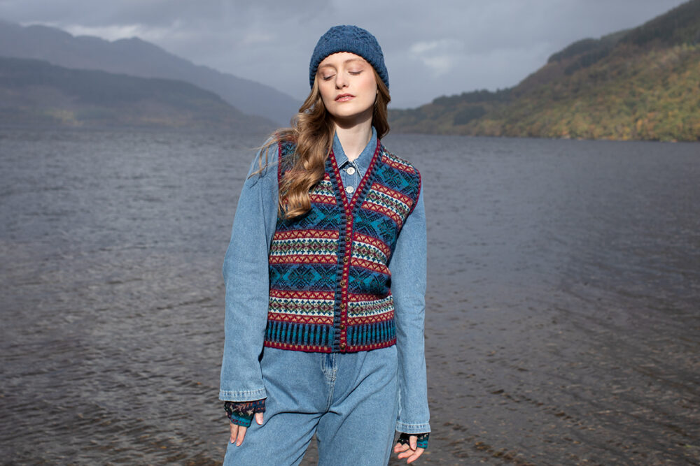 Mara waistcoat patterncard kit and Kittiwake Hat from the book Aran Knitting by Alice Starmore in Hebridean 2 Ply