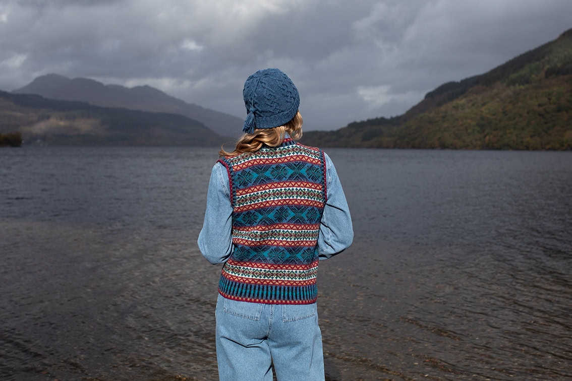 Mara waistcoat patterncard kit and Kittiwake Hat from the book Aran Knitting by Alice Starmore in Hebridean 2 Ply