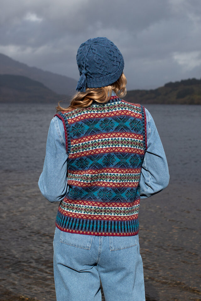 Mara waistcoat patterncard kit and Kittiwake Hat from the book Aran Knitting by Alice Starmore in Hebridean 2 Ply