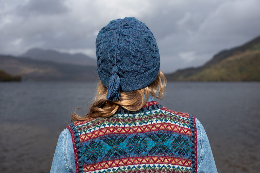 Mara waistcoat patterncard kit and Kittiwake Hat from the book Aran Knitting by Alice Starmore in Hebridean 2 Ply