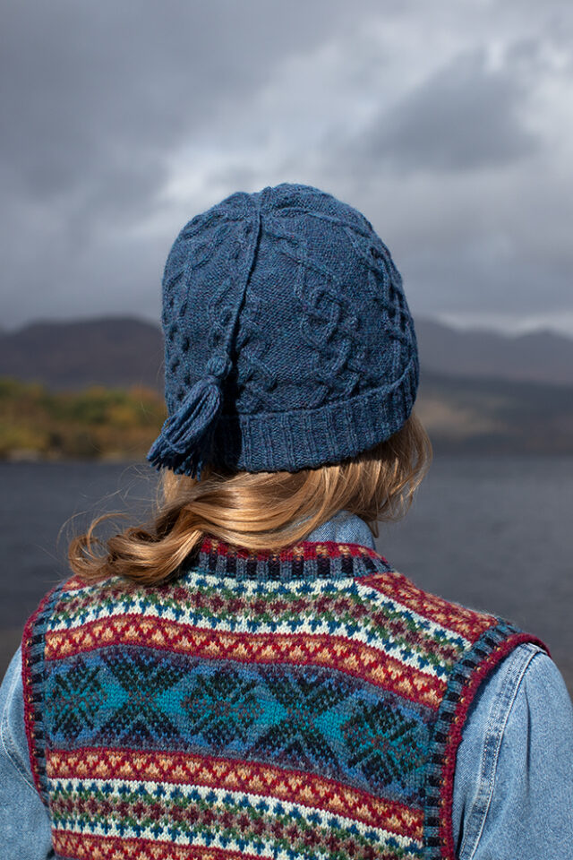 Mara waistcoat patterncard kit and Kittiwake Hat from the book Aran Knitting by Alice Starmore in Hebridean 2 Ply