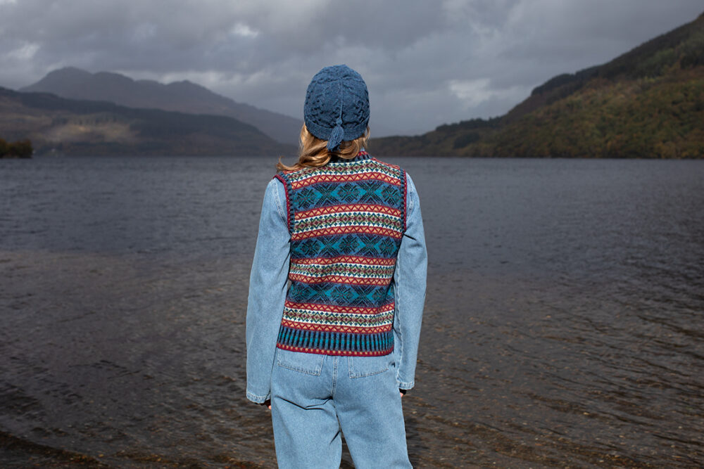 Mara waistcoat patterncard kit and Kittiwake Hat from the book Aran Knitting by Alice Starmore in Hebridean 2 Ply