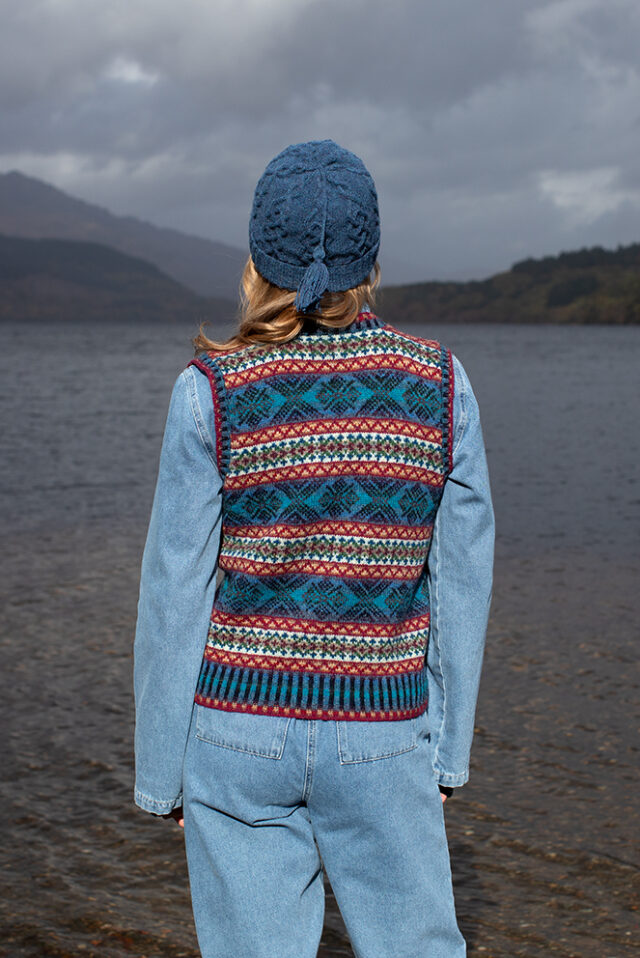 Mara waistcoat patterncard kit and Kittiwake Hat from the book Aran Knitting by Alice Starmore in Hebridean 2 Ply