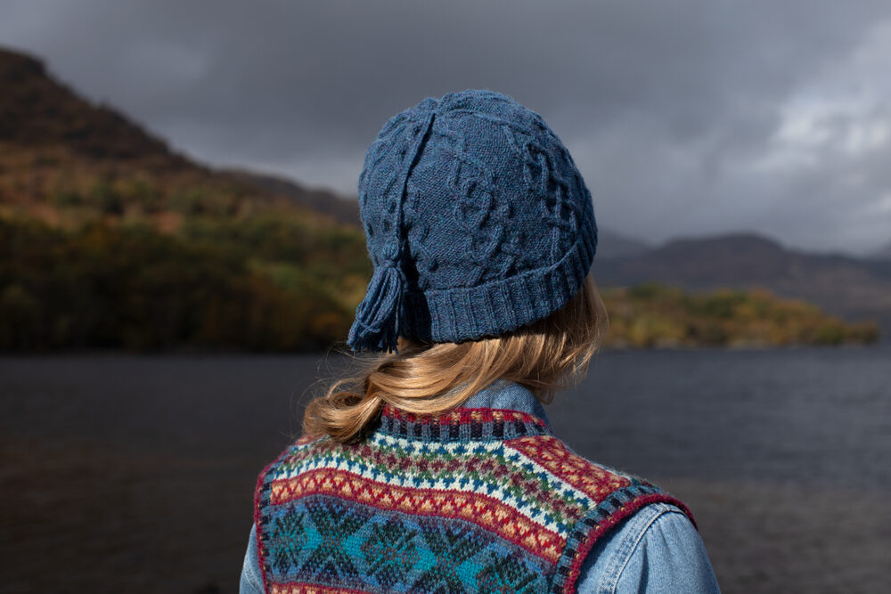 Mara waistcoat patterncard kit and Kittiwake Hat from the book Aran Knitting by Alice Starmore in Hebridean 2 Ply