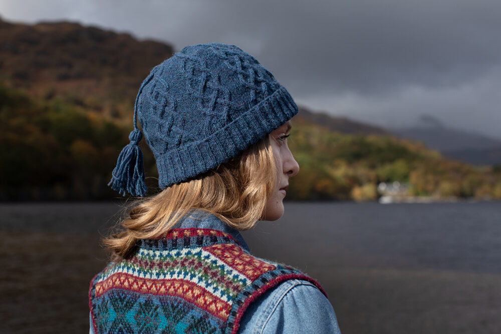 Mara waistcoat patterncard kit and Kittiwake Hat from the book Aran Knitting by Alice Starmore in Hebridean 2 Ply