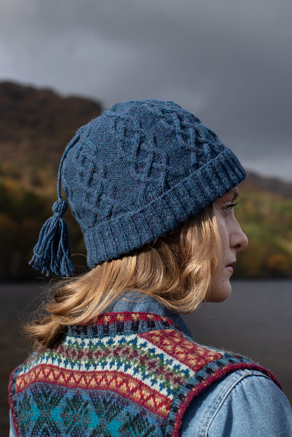 Mara waistcoat patterncard kit and Kittiwake Hat from the book Aran Knitting by Alice Starmore in Hebridean 2 Ply