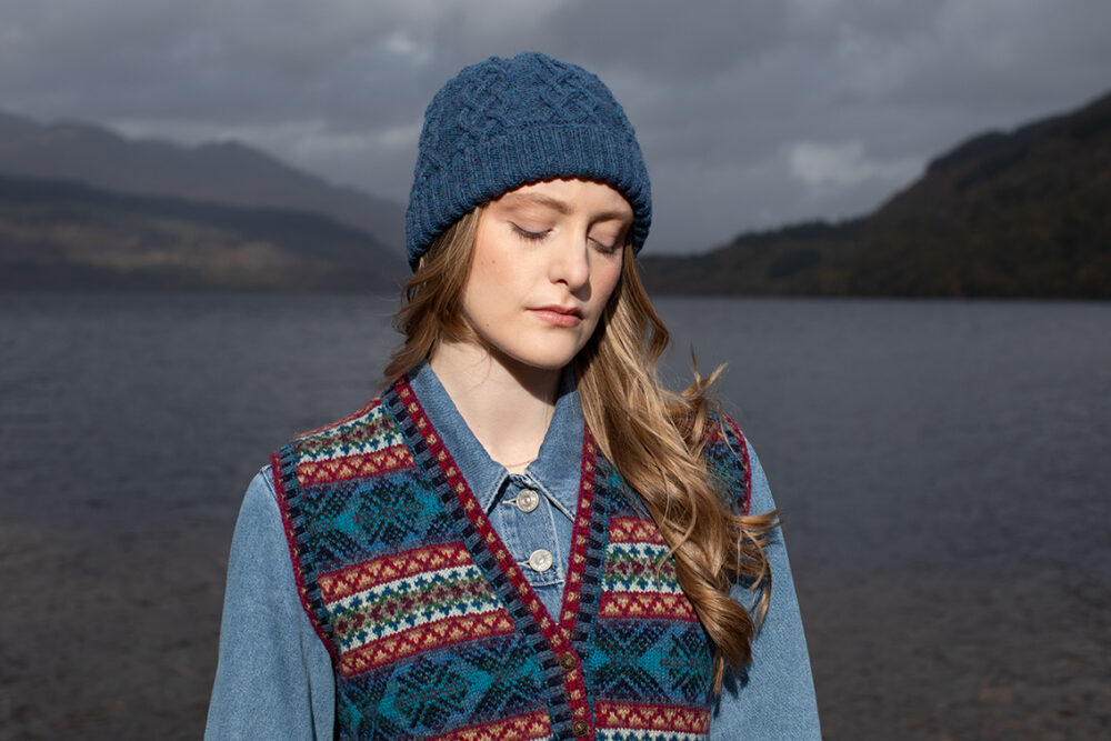 Mara waistcoat patterncard kit and Kittiwake Hat from the book Aran Knitting by Alice Starmore in Hebridean 2 Ply